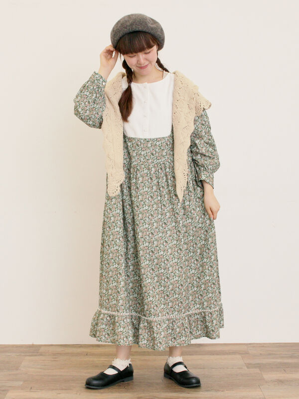 WEB限定】胸元配色花柄ワンピース（チャコールグレー/ブラウン/ミント