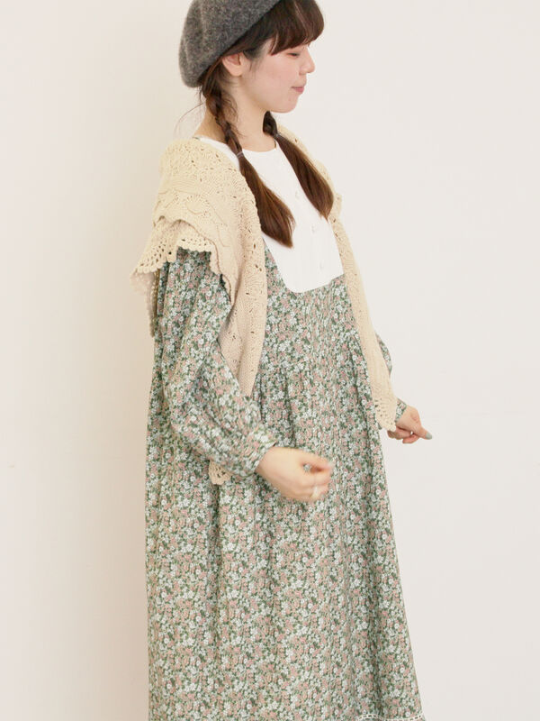 WEB限定】胸元配色花柄ワンピース（チャコールグレー/ブラウン