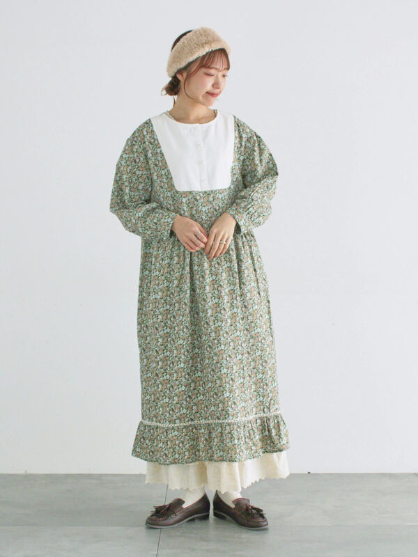 WEB限定】胸元配色花柄ワンピース（チャコールグレー/ブラウン/ミント