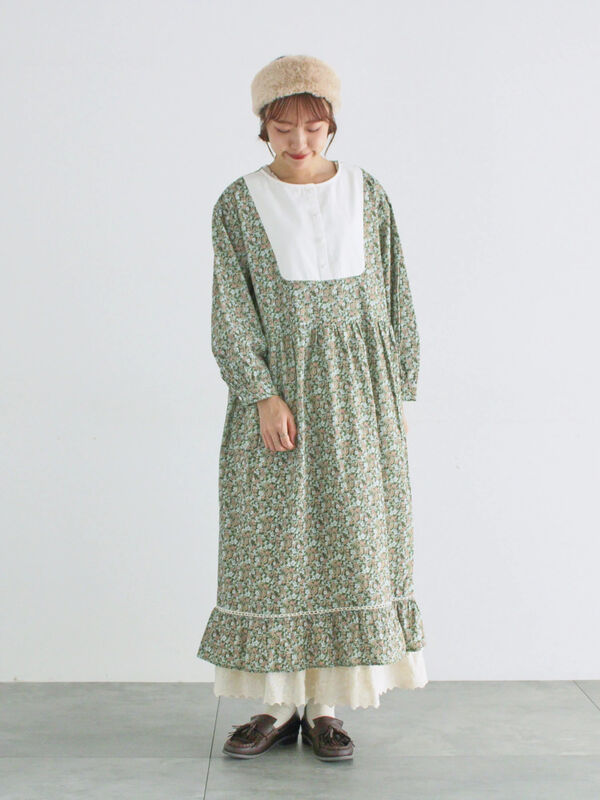 WEB限定】胸元配色花柄ワンピース（チャコールグレー/ブラウン/ミント