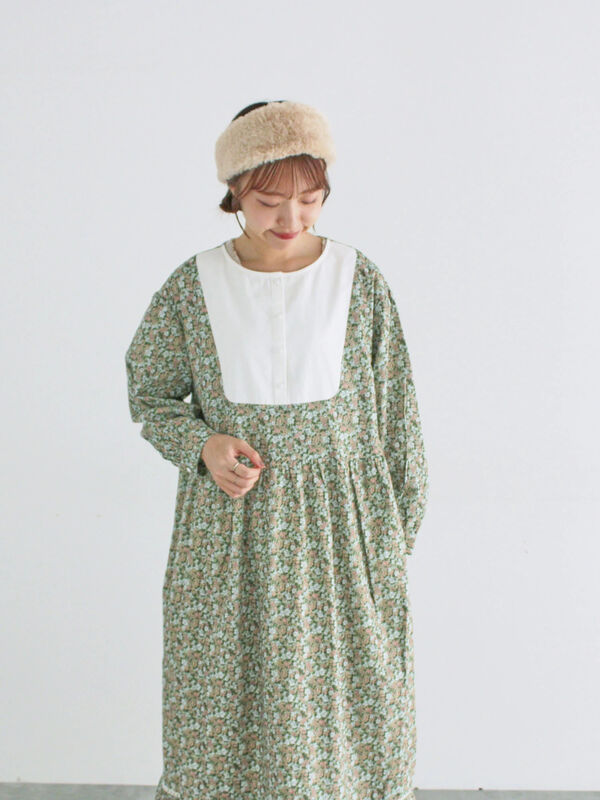 WEB限定】胸元配色花柄ワンピース（チャコールグレー/ブラウン/ミント