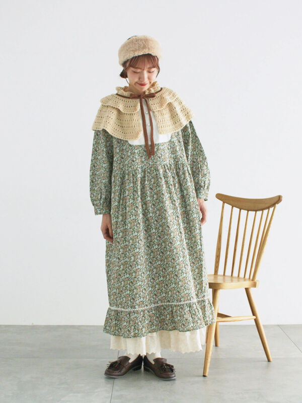 WEB限定】胸元配色花柄ワンピース（チャコールグレー/ブラウン/ミント