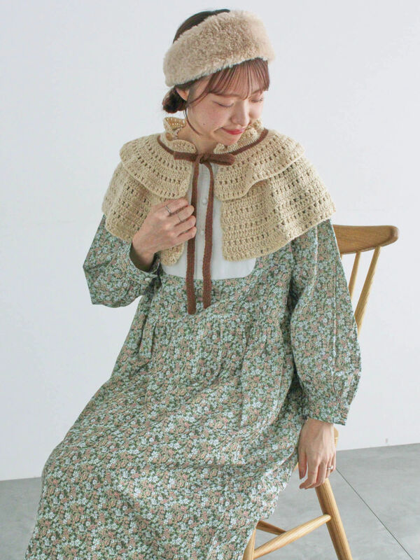 WEB限定】胸元配色花柄ワンピース（チャコールグレー/ブラウン/ミント