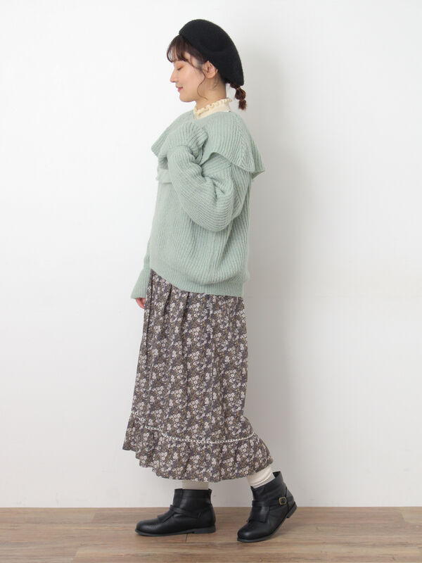 WEB限定】胸元配色花柄ワンピース（チャコールグレー/ブラウン/ミント