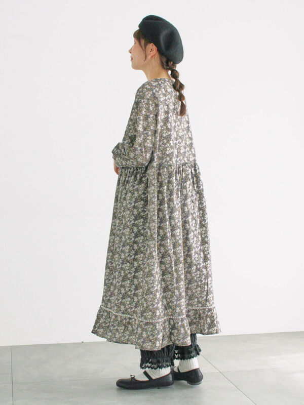 WEB限定】胸元配色花柄ワンピース（チャコールグレー/ブラウン/ミント