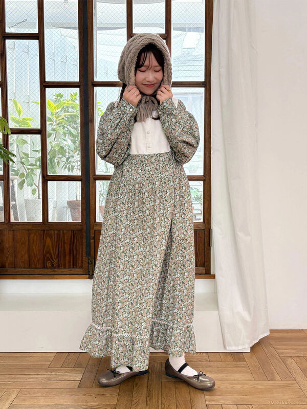 WEB限定】胸元配色花柄ワンピース（チャコールグレー/ブラウン/ミント