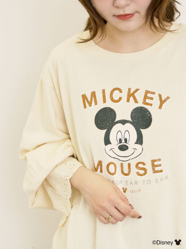 セール】 【Disney】ミッキーマウス/袖口レースロンT（グレー/モカ