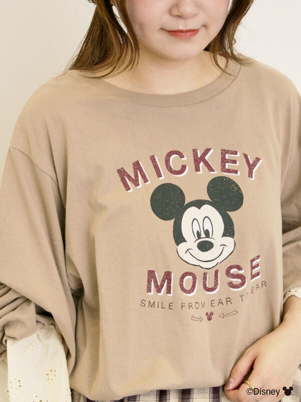 セール】 【Disney】ミッキーマウス/袖口レースロンT（グレー/モカ