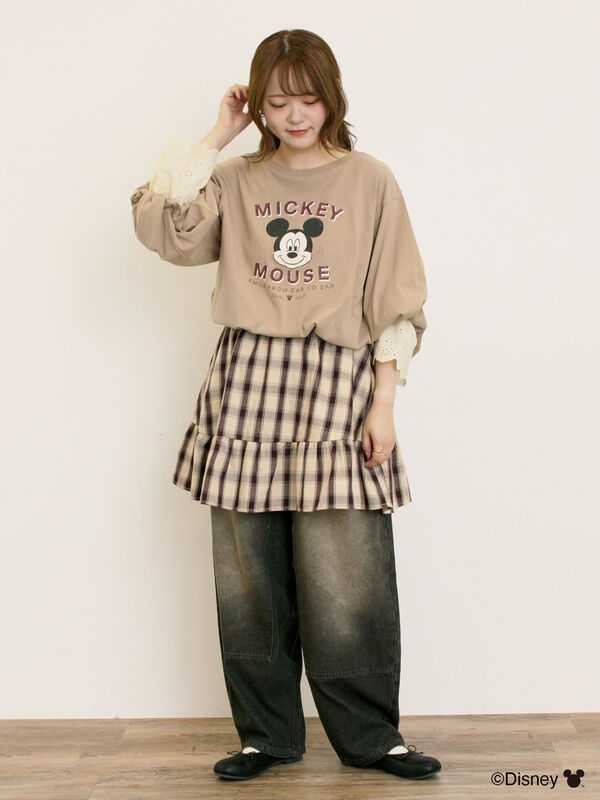 セール】 【Disney】ミッキーマウス/袖口レースロンT（グレー/モカ