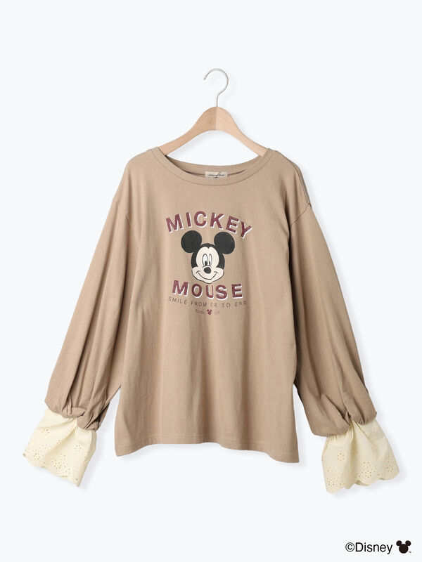 セール】 【Disney】ミッキーマウス/袖口レースロンT（グレー/モカ