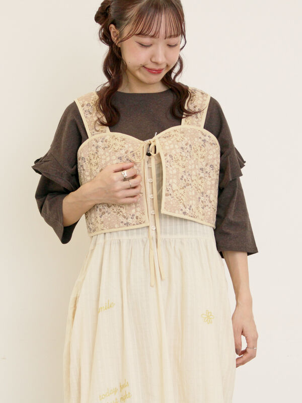 セール】 パッチワーク風花柄キルトビスチェ（ブラック/ベージュ