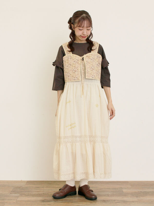 セール】 パッチワーク風花柄キルトビスチェ（ブラック/ベージュ