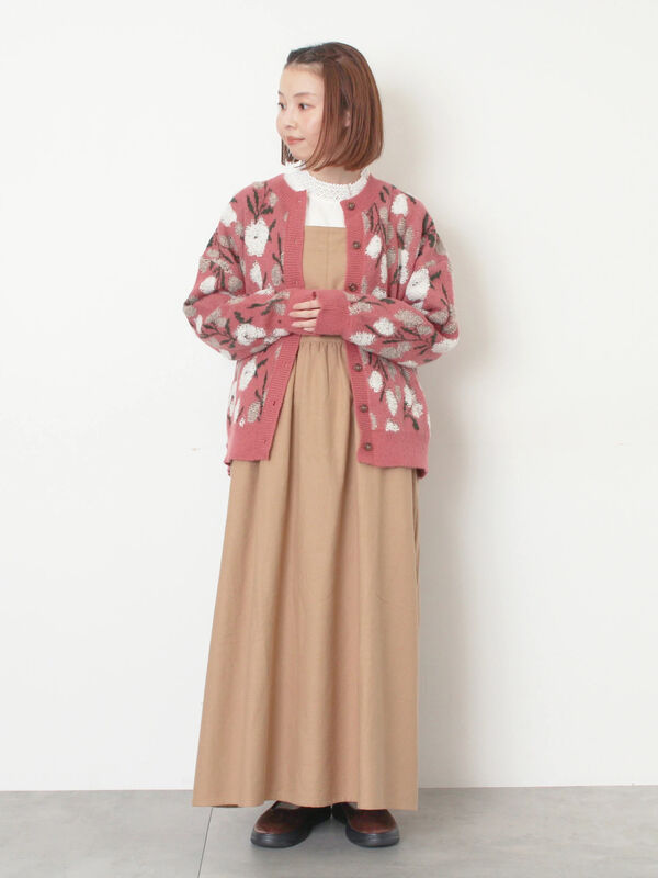 セール】 ループ花柄ジャガードニットカーディガン（グレー/ピンク