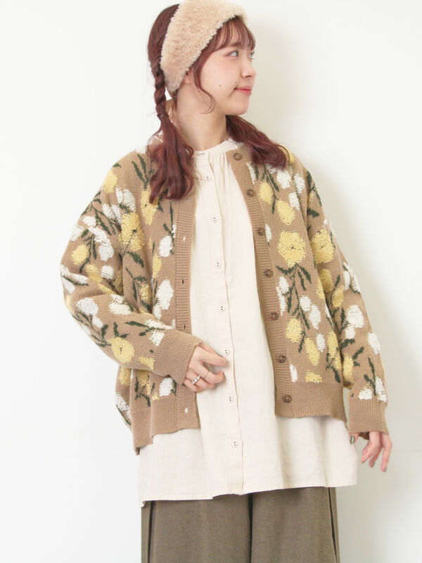 ループ花柄ジャガードニットカーディガン（グレー/ピンク/モカ/キナリ