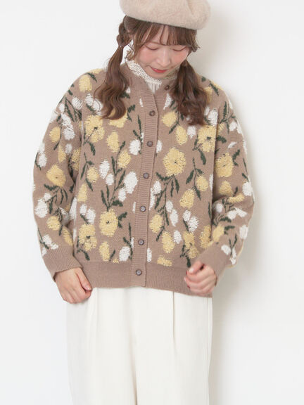 ループ花柄ジャガードニットカーディガン（グレー/ピンク/モカ/キナリ）｜Samansa Mos2（サマンサ モスモス）通販