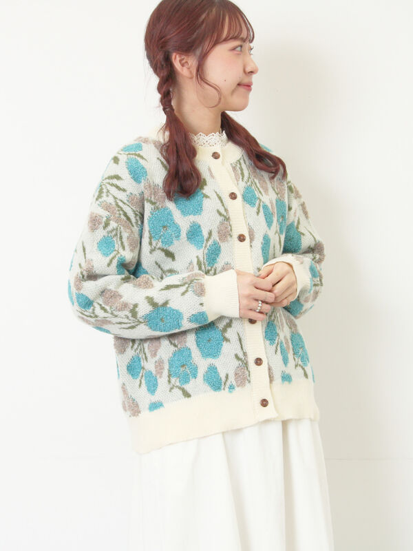 ループ花柄ジャガードニットカーディガン（グレー/ピンク/モカ/キナリ
