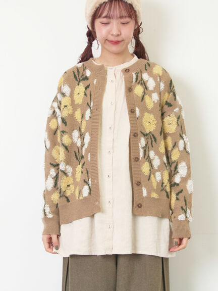 ループ花柄ジャガードニットカーディガン（グレー/ピンク/モカ/キナリ）｜Samansa Mos2（サマンサ モスモス）通販