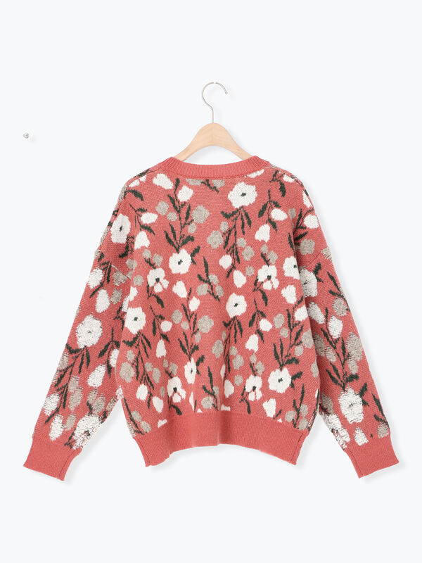 ループ花柄ジャガードニットカーディガン（グレー/ピンク/モカ/キナリ