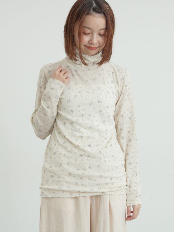 セール】 【吸湿発熱】ベア天花柄タートルネックインナー（ピンク