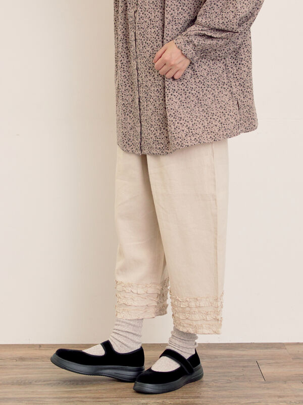 Cross×Linen】裾フリルパンツ（チャコールグレー/ピンク/キナリ