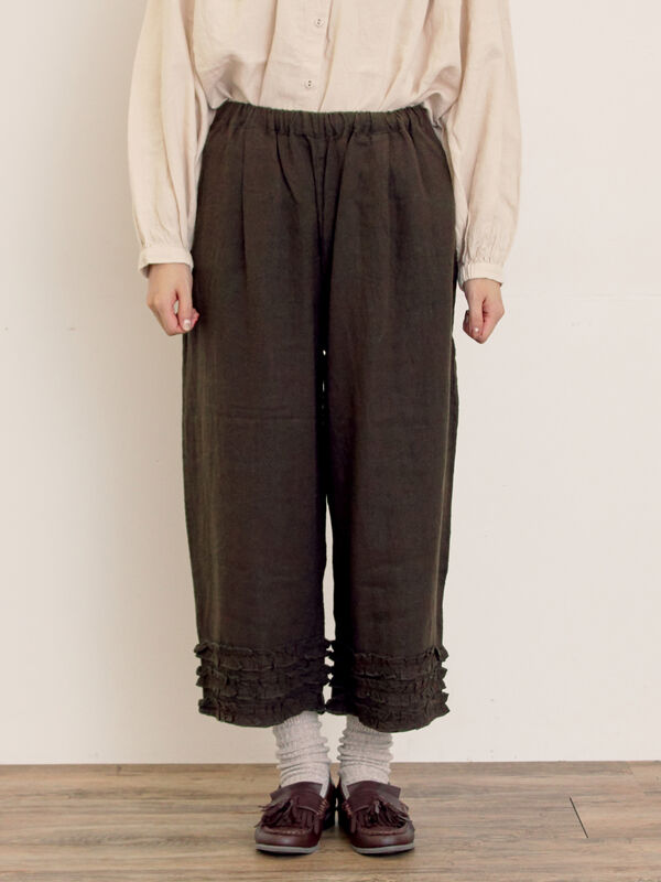 Cross×Linen】裾フリルパンツ（チャコールグレー/ピンク/キナリ