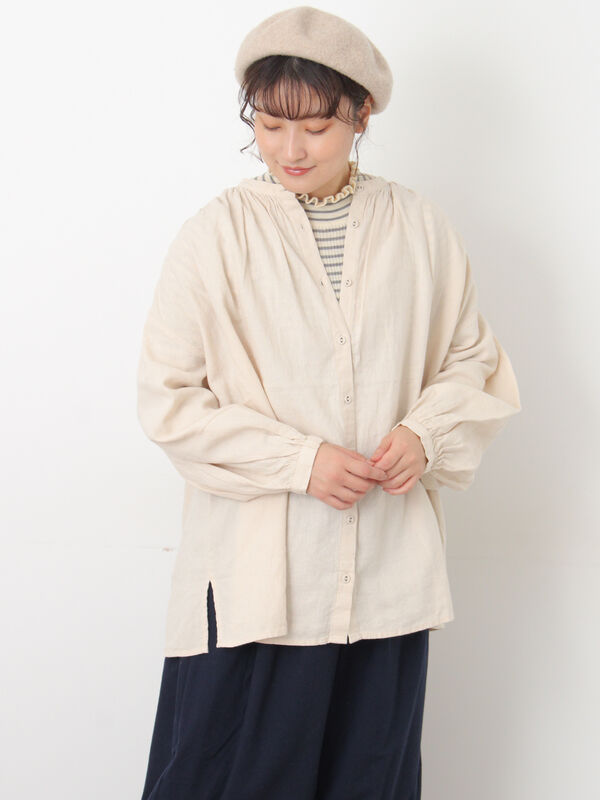 【Cross×Linen】ギャザーブラウス（チャコールグレー/ピンク/ベージュ/ブルー/キナリ）｜Samansa Mos2（サマンサ モスモス）通販