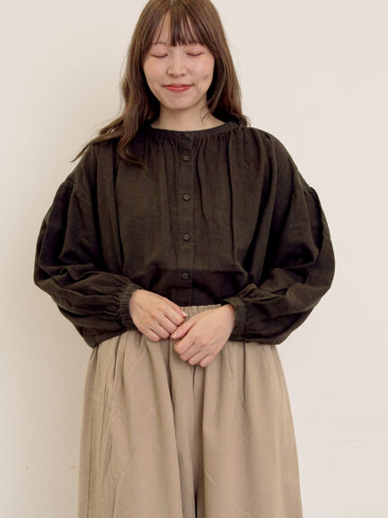 【Cross×Linen】ギャザーブラウス（チャコールグレー/ピンク/ベージュ/ブルー/キナリ）｜Samansa Mos2（サマンサ モスモス）通販