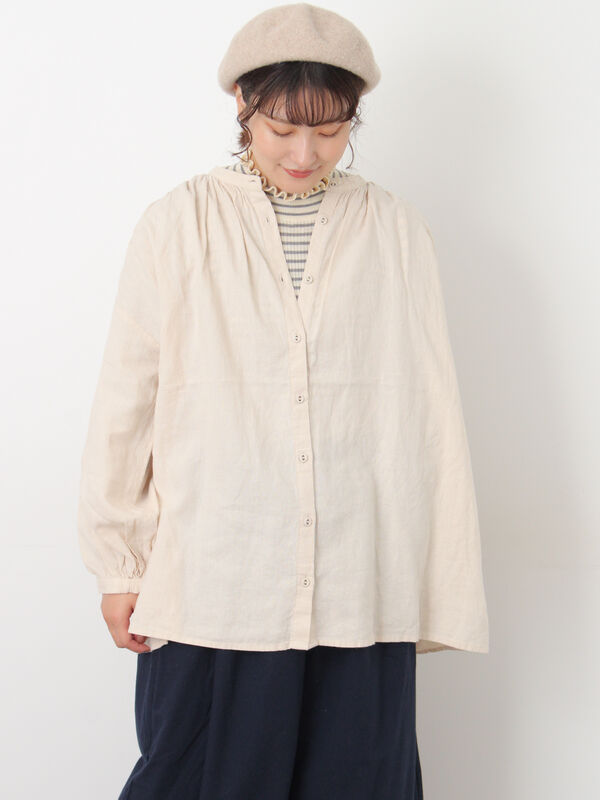 セール】 【Cross×Linen】ギャザーブラウス（チャコールグレー/ピンク