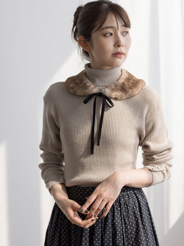 【ゆべし×Samansa Mos2】ティペット付リブニット（ベージュ）｜Samansa Mos2（サマンサ モスモス）通販