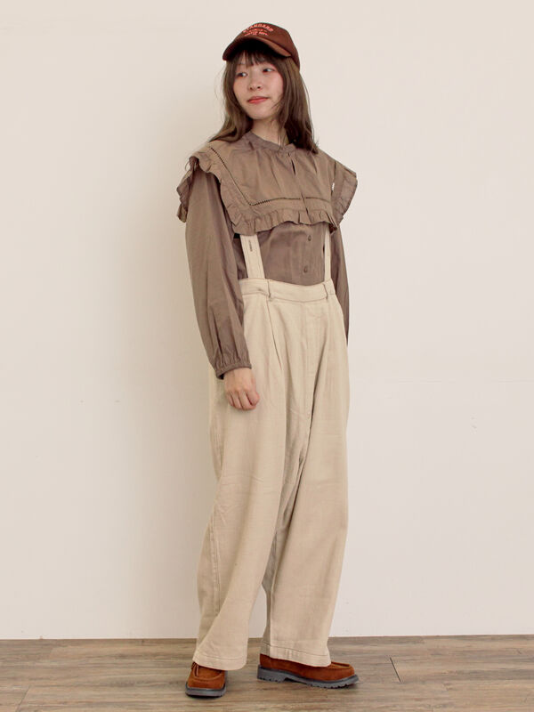セール】 デニム/ツイルサスペンダー付きパンツ（ベージュ/ブルー