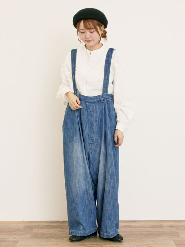 セール】 デニム/ツイルサスペンダー付きパンツ（ベージュ/ブルー