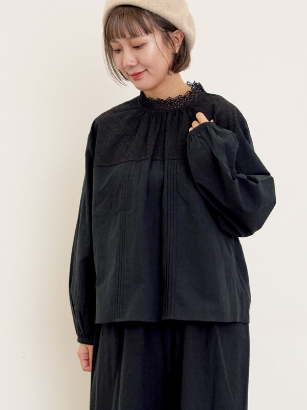 セール】 オーバーレース切替ブラウス（ブラック/ベージュ/キナリ