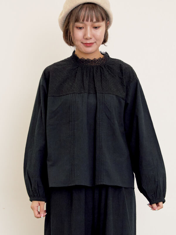 セール】 オーバーレース切替ブラウス（ブラック/ベージュ/キナリ