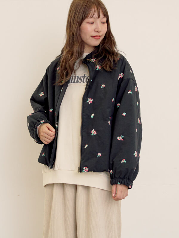 Samansa Mos2　サマンサモスモス　小花総刺繍中綿ジャケット セール】 小花総刺繍中綿ジャケット（ブラック/オレンジ/キナリ