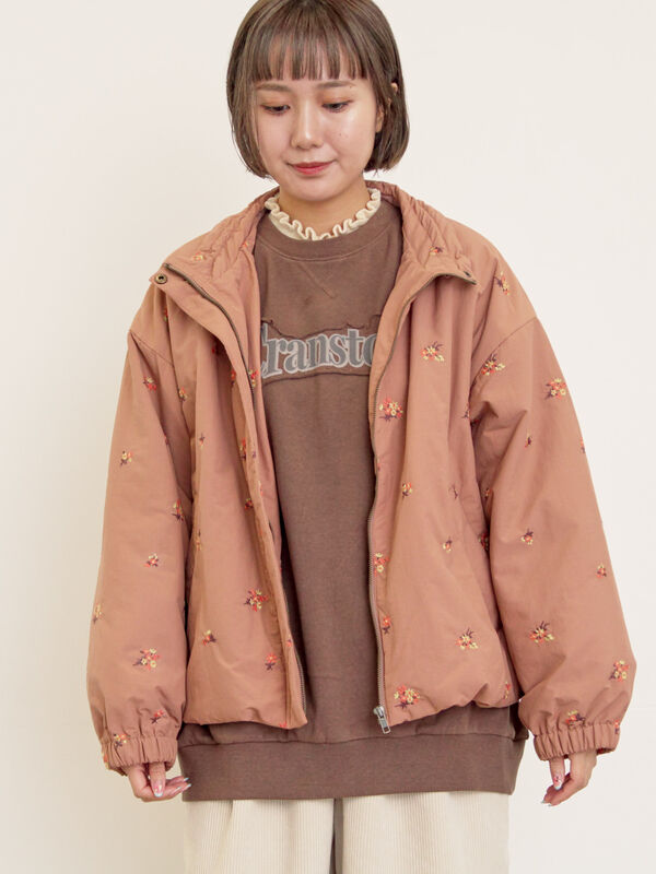 Samansa Mos2　サマンサモスモス　小花総刺繍中綿ジャケット セール】 小花総刺繍中綿ジャケット（ブラック/オレンジ/キナリ