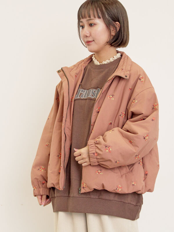 小花総刺繍中綿ジャケット（ブラック/オレンジ/キナリ/アウター