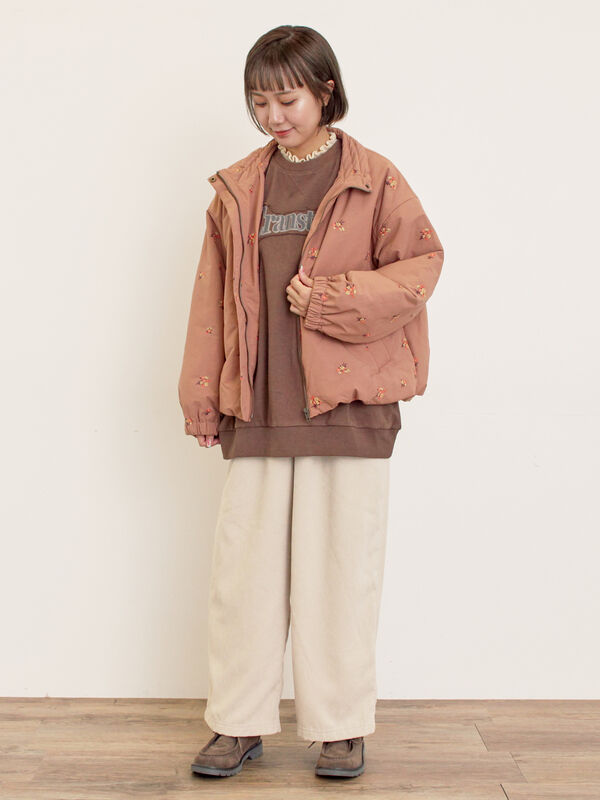 セール】 小花総刺繍中綿ジャケット（ブラック/オレンジ/キナリ