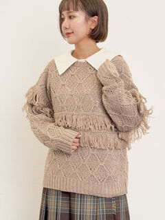 セール】 【Fluffy Wool Blend】フリンジ前後2WAYニット（オフホワイト