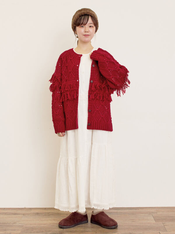 セール】 【Fluffy Wool Blend】フリンジ前後2WAYニット（オフホワイト