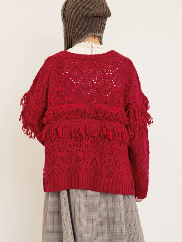 セール】 【Fluffy Wool Blend】フリンジ前後2WAYニット（オフホワイト