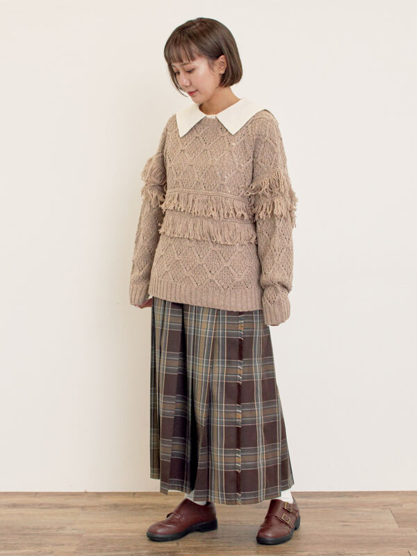 セール】 【Fluffy Wool Blend】フリンジ前後2WAYニット（オフホワイト