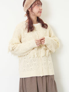 セール】 【Fluffy Wool Blend】フリンジ前後2WAYニット（オフホワイト