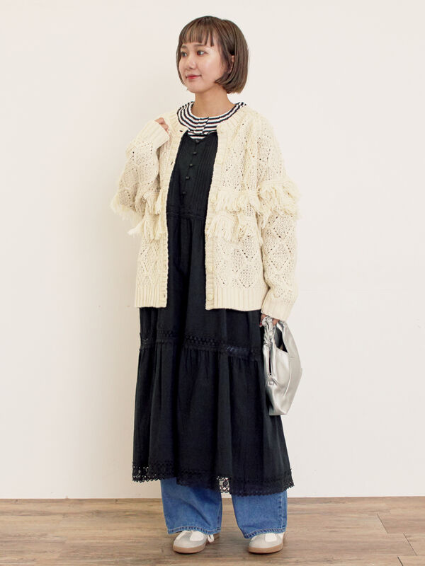 セール】 【Fluffy Wool Blend】フリンジ前後2WAYニット（オフホワイト