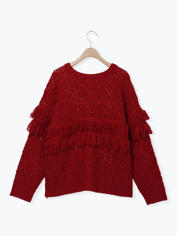 セール】 【Fluffy Wool Blend】フリンジ前後2WAYニット（オフホワイト