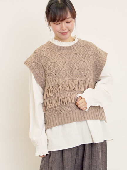 【Fluffy Wool Blend】フリンジニットベスト（オフホワイト/レッド/ベージュ）｜Samansa Mos2（サマンサ モスモス）通販