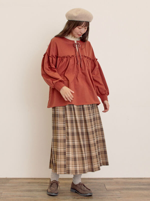 ミニ裏毛切替ギャザープルオーバー（オフホワイト/ブラック/オレンジ