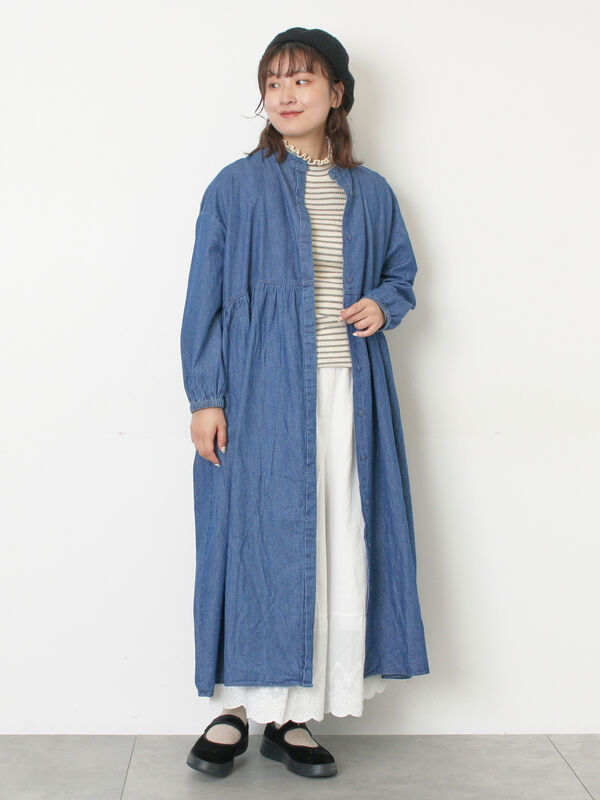 み様 ワンピース Sモカ、Sネイビー デニムバンドカラーワンピース ≪S/Mサイズ≫（ブルー/ワンピース