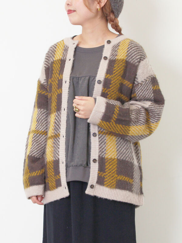 シャギーチェック柄カーディガン（オレンジ/イエロー/サックスブルー