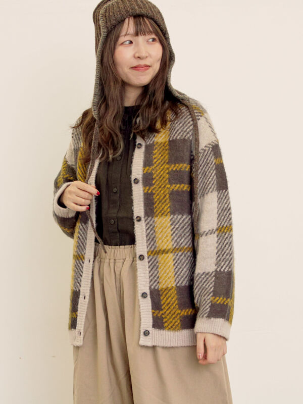 セール】 シャギーチェック柄カーディガン（オレンジ/イエロー