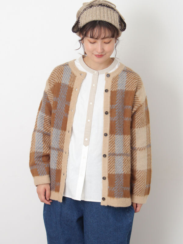 シャギーチェック柄カーディガン（オレンジ/イエロー/サックスブルー